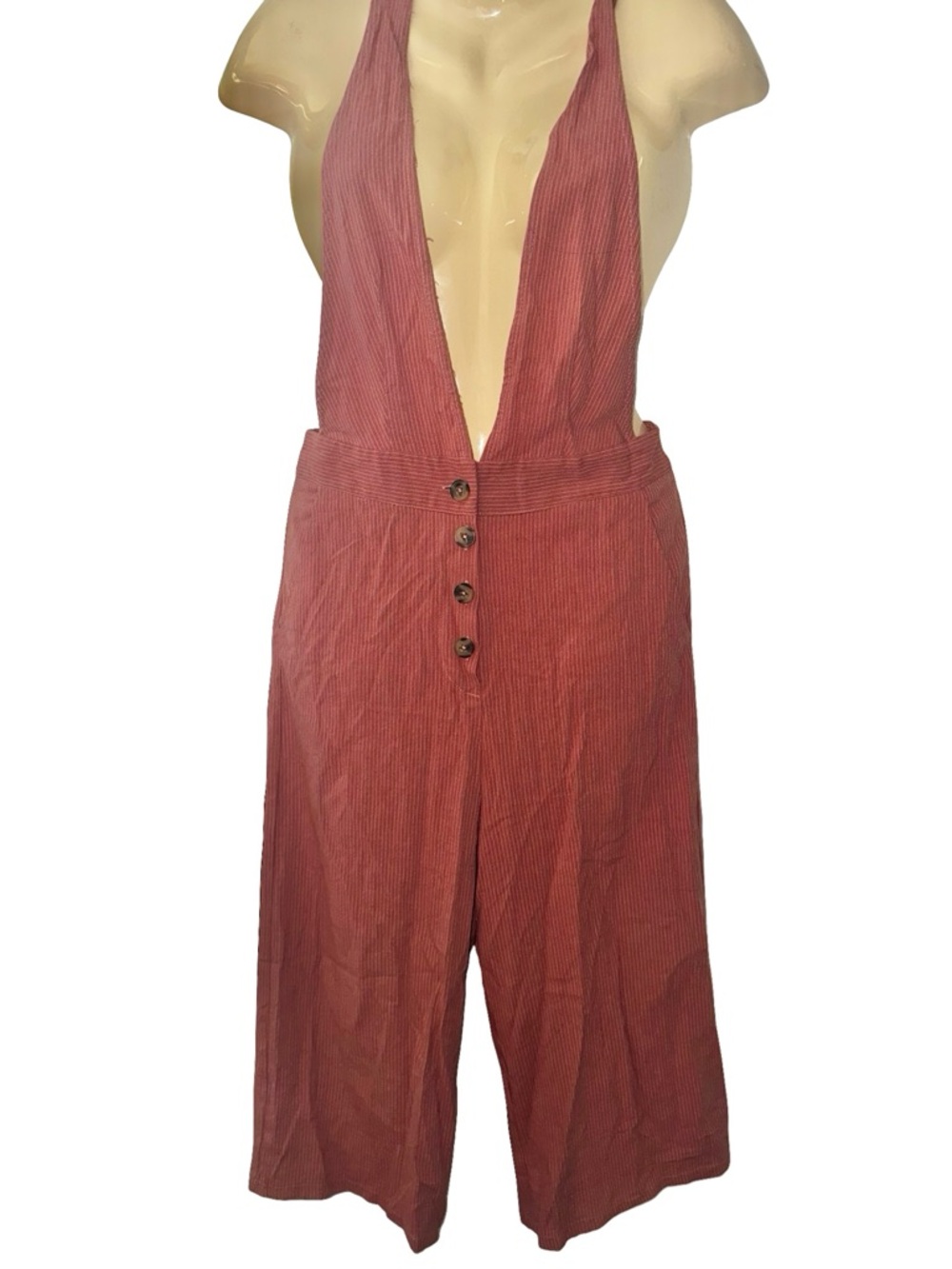 Deep V Corduroy Wide-Leg Jumpsuit in Dusty Rose